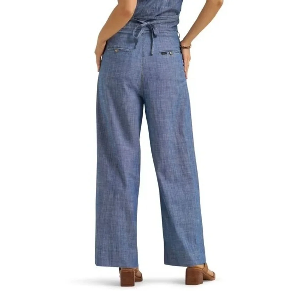 LEE Wide Leg Loose Fit Pleated Trouser Pant Sz 14 Indigo Prep Chambray Denim NWT